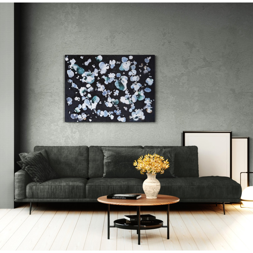 Abstract artwork on a black background with white flowers by Martinez Marín