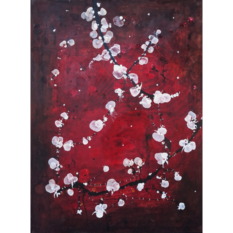 Cherry Blossoms on deep red background, Contemporary Painting