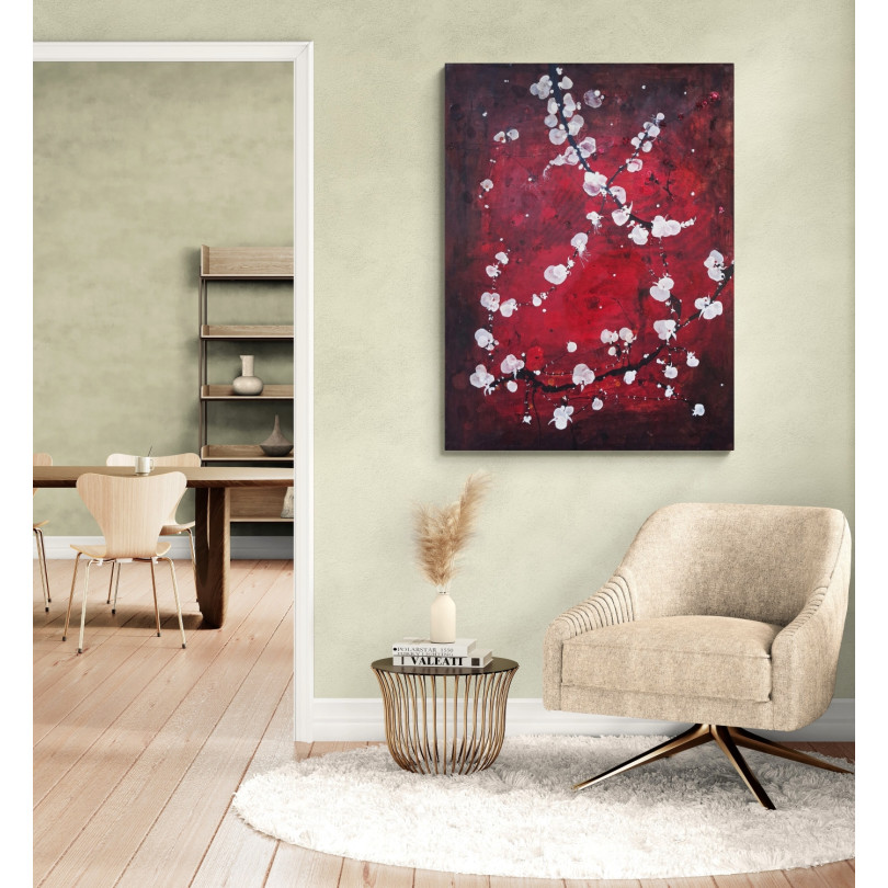 Flores de Cerezo sobre fondo rojo, Pintura Contemporánea
