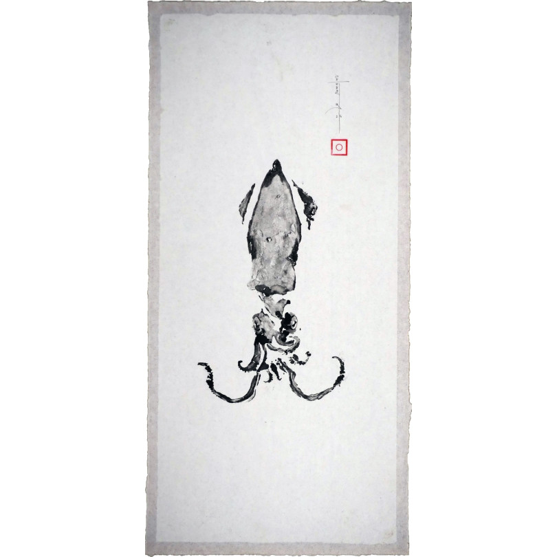 Original gyotaku artwork: print of a squid in black ink on paper