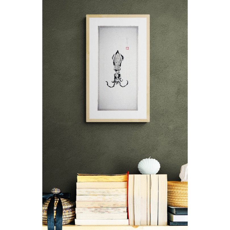 Original gyotaku artwork: print of a squid in black ink on paper
