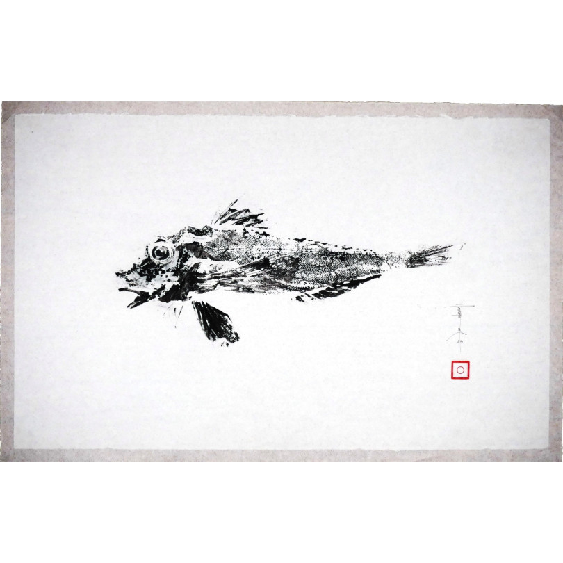 Tableau Gyotaku original : empreinte d'un grondin perlon à l'encre noire sur papier