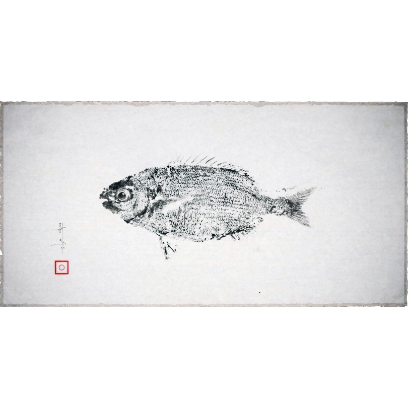 Tableau Gyotaku original : empreinte d'une saupe à l'encre noire sur papier