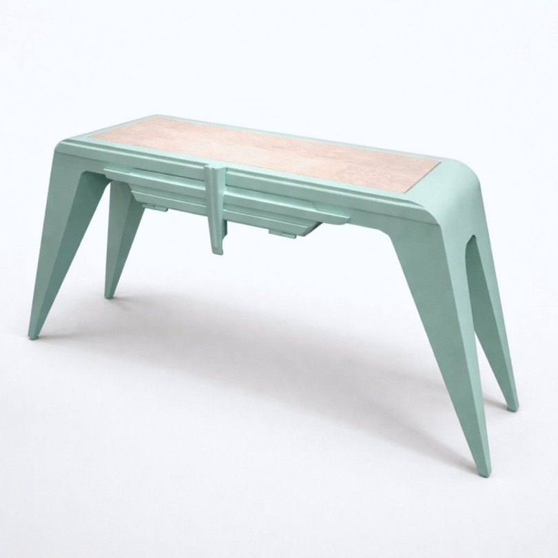 PEGASO unique designer console table in green lacquered metal, handcrafted in Barcelona