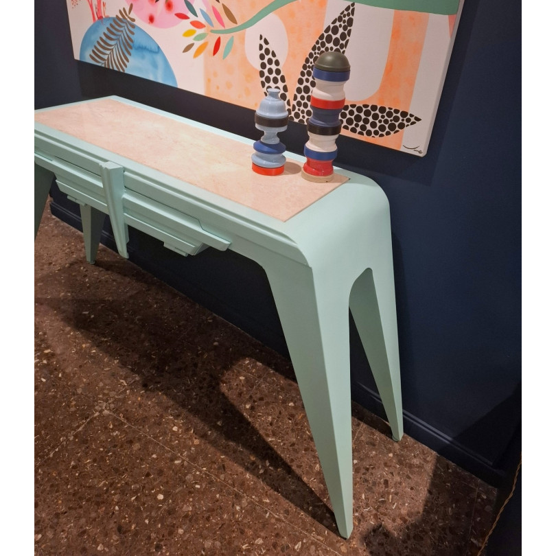 PEGASO unique designer console table in green lacquered metal, handcrafted in Barcelona
