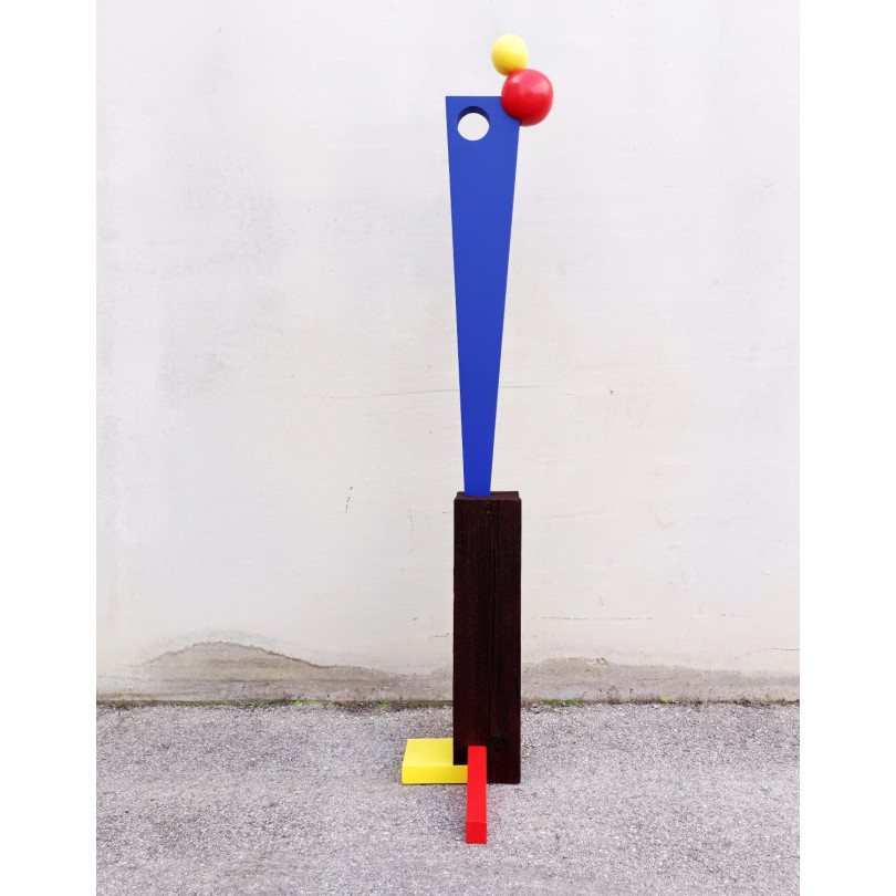 Abstract geometric totem sculpture inspired by Bauhaus.