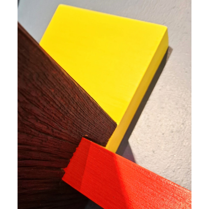 Abstract geometric totem sculpture inspired by Bauhaus.