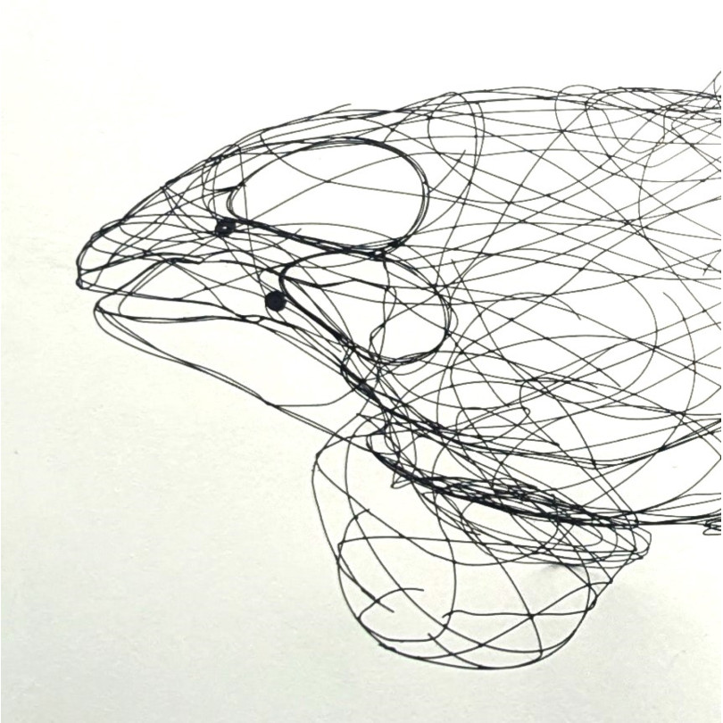 Large hanging orca sculpture made of welded steel wire
