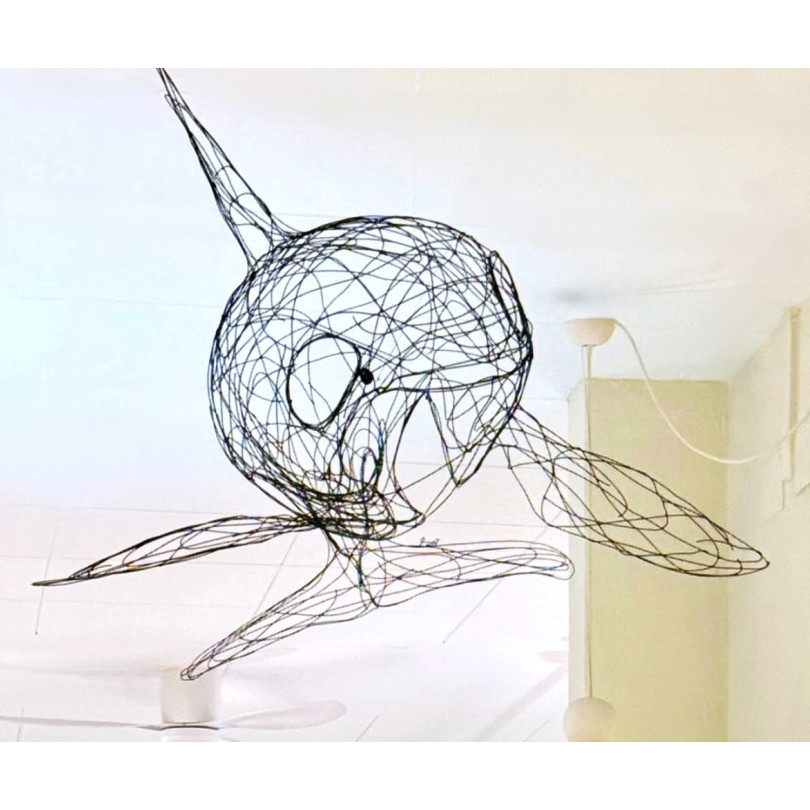 Large hanging orca sculpture made of welded steel wire