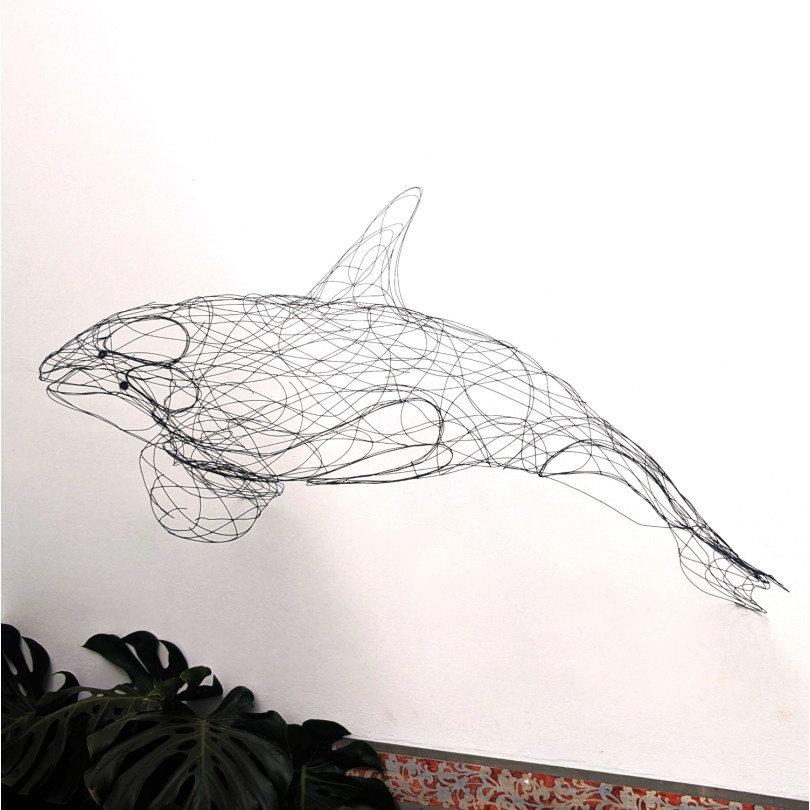 Large hanging orca sculpture made of welded steel wire