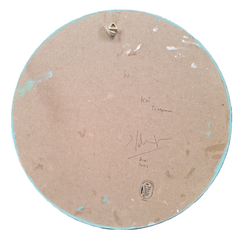 Small round painting depicting koi carp on a turquoise background.