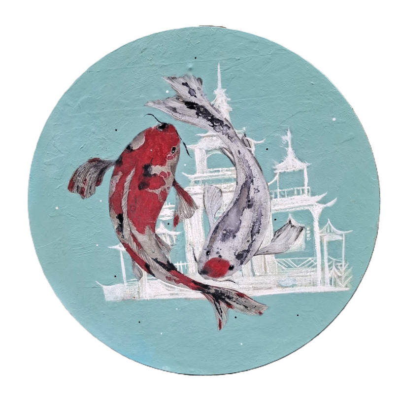Small round painting depicting koi carp on a turquoise background.