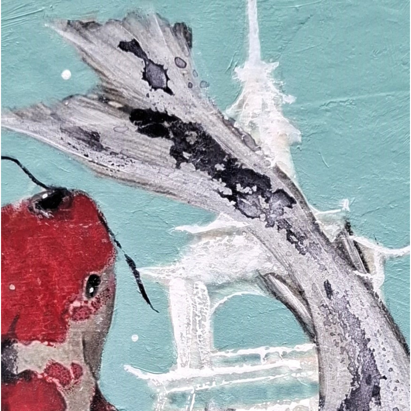 Petit tableau rond mettant en scène des carpes koï sur un fond turquoise