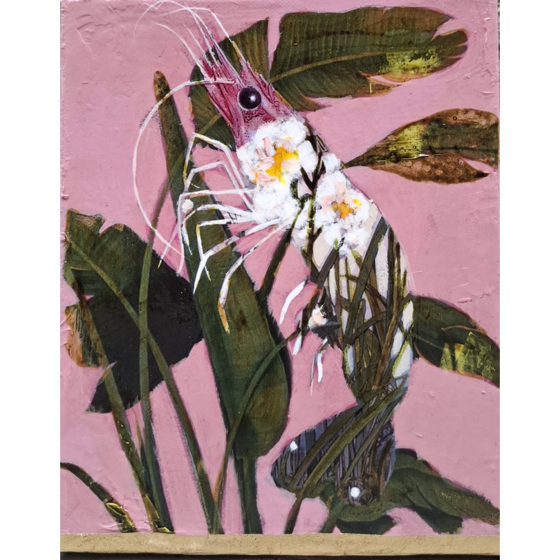 Small artwork: shrimp and flowers on pink background
