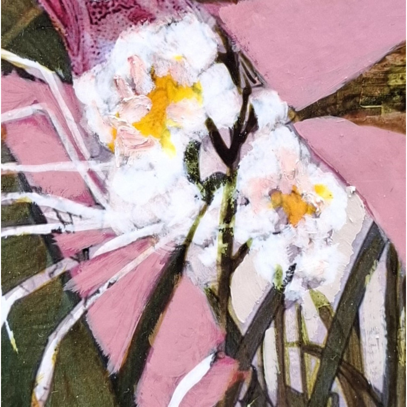 petit tableau d'une crevette et fleurs sur fond rose de Fabrizzi