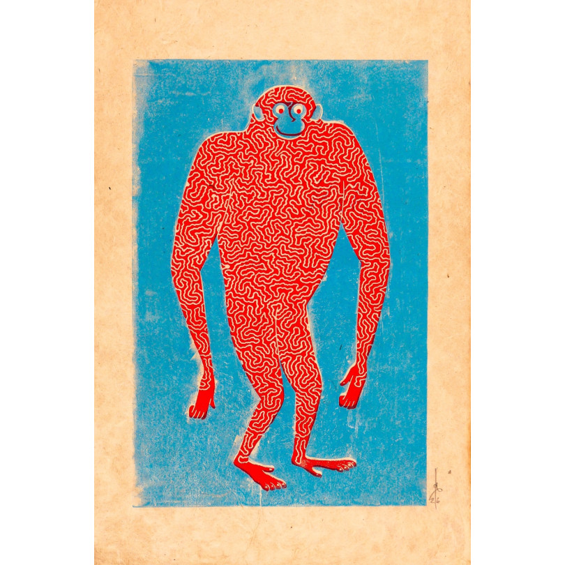 gravure, pièce unique d'un drôle de singe rouge sur fond bleu
