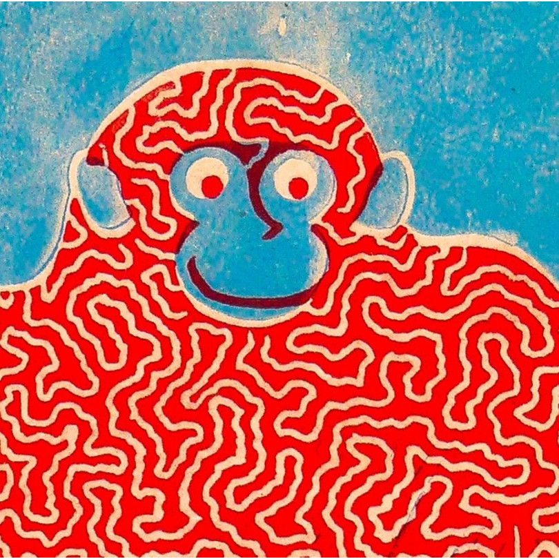 gravure, pièce unique d'un drôle de singe rouge sur fond bleu