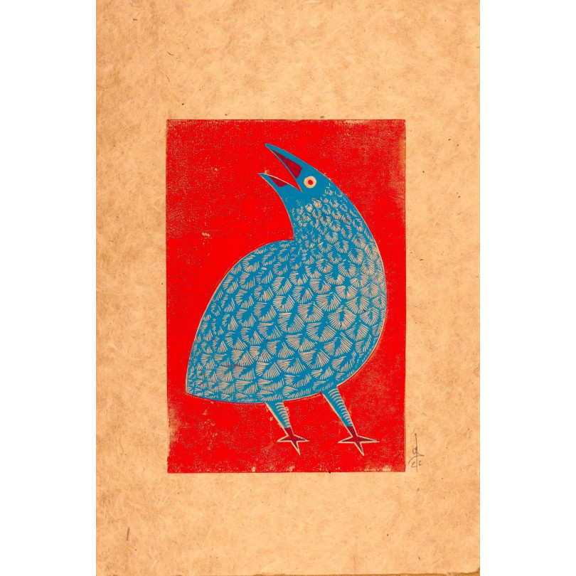 Blue bird on red background, original engraving
