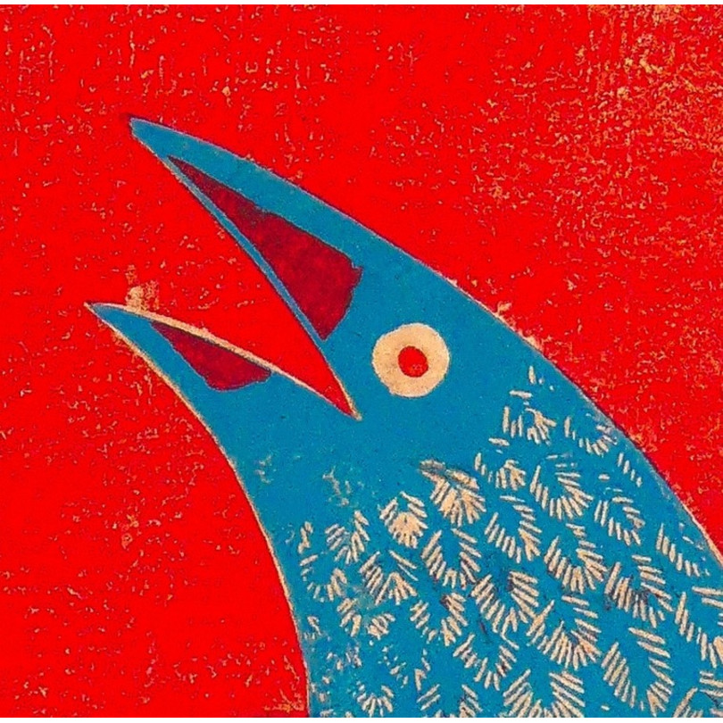 Grabado de un pajaro azul de Garbriel Lecup