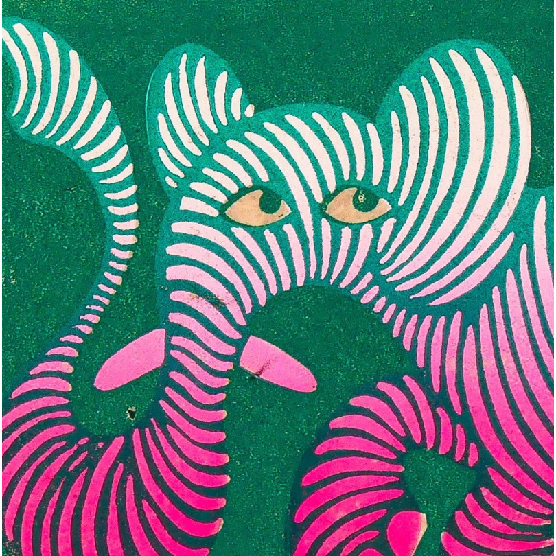 Gravure d'un amusant et coloré éléphant de G. Lecup