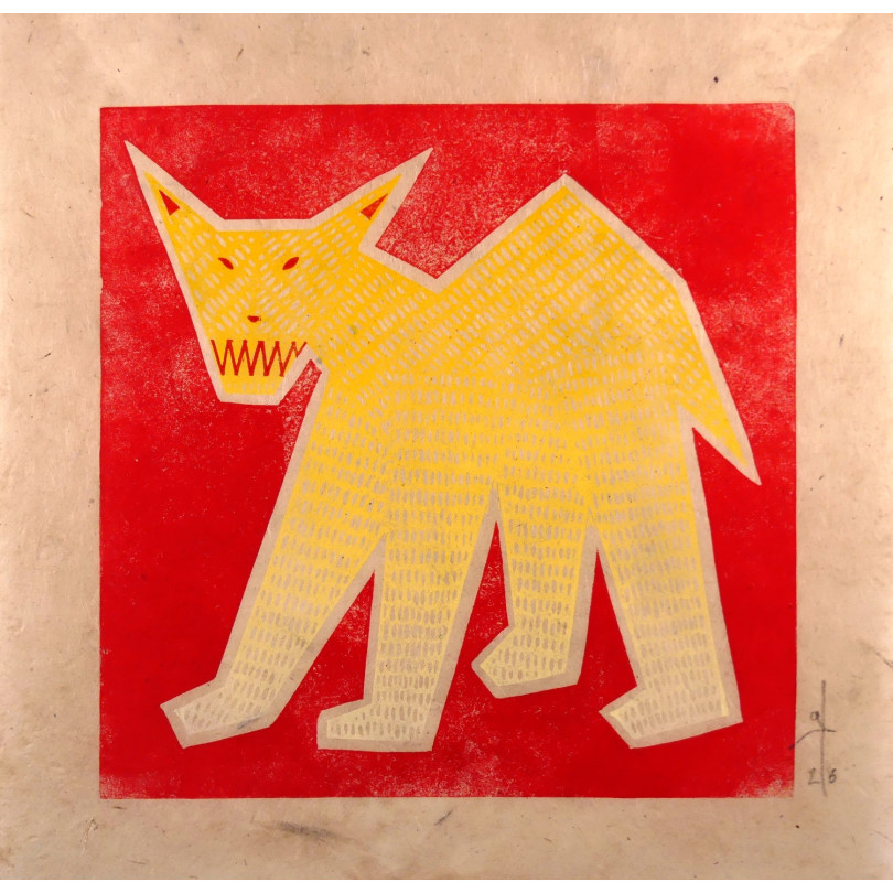 Contemporary Linocut Print "Yellow Dog on a Red Background"