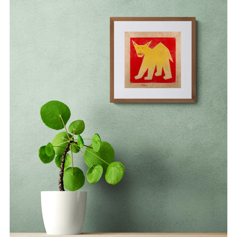 gravure contemporaine "Chien sur fond rouge"
