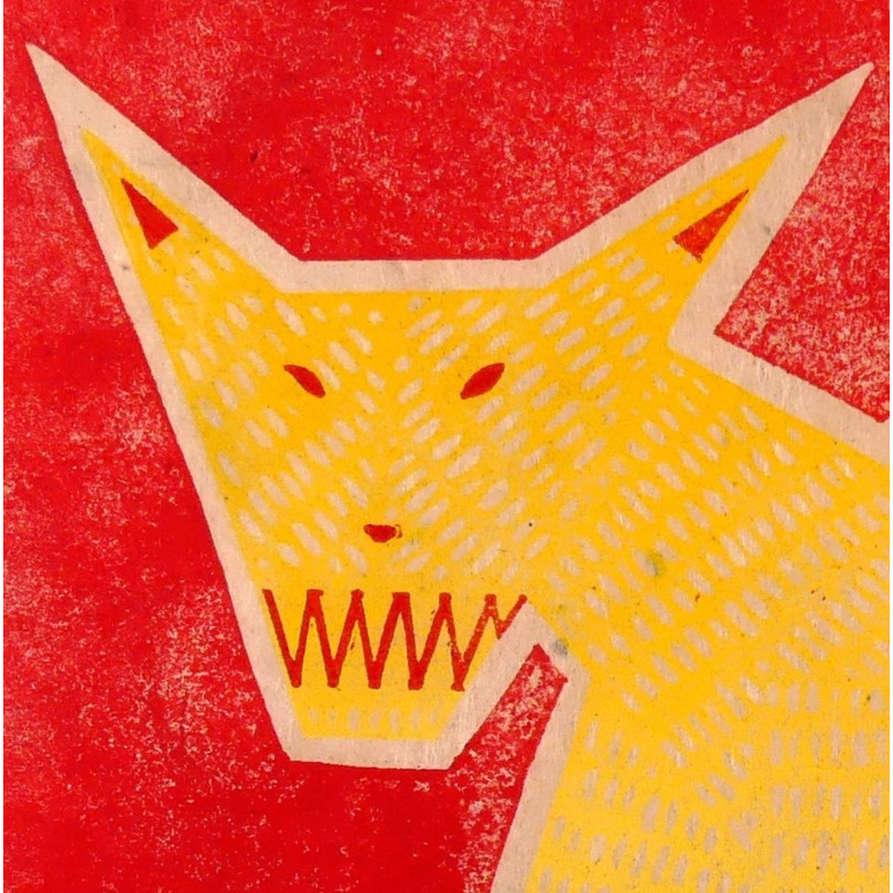 Contemporary Linocut Print "Yellow Dog on a Red Background"