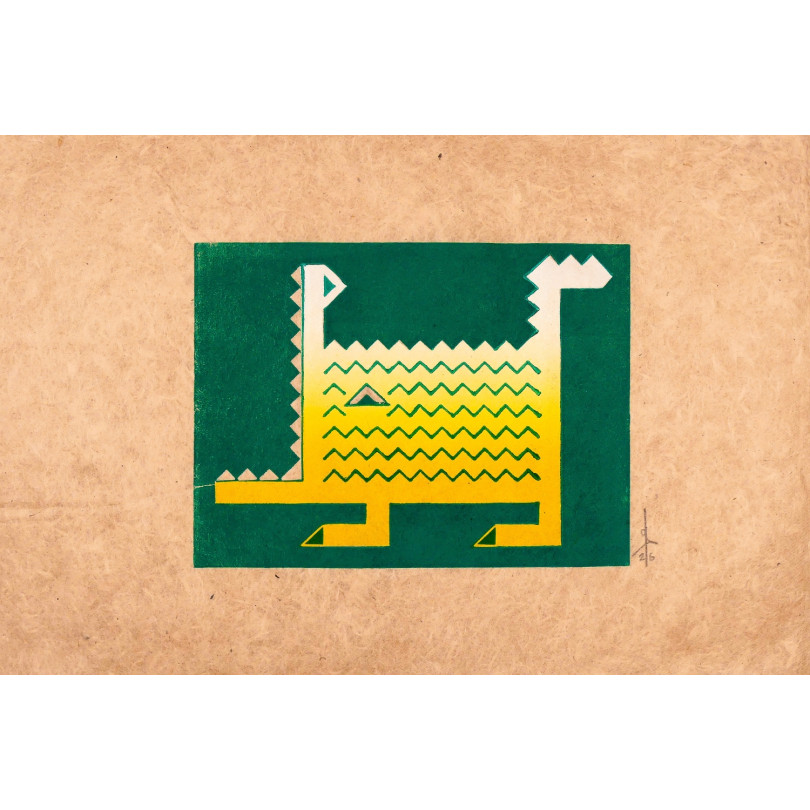 Original linocut print depicting a highly stylized caiman (or crocodile)