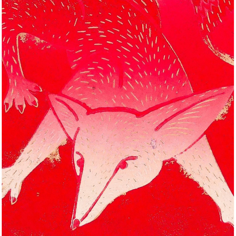 gravure contemporaine d'un renard sur fond rouge