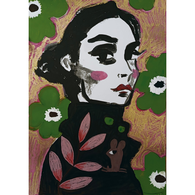 Retrato de un mujer joven sobre fondo con flores, dibujo original