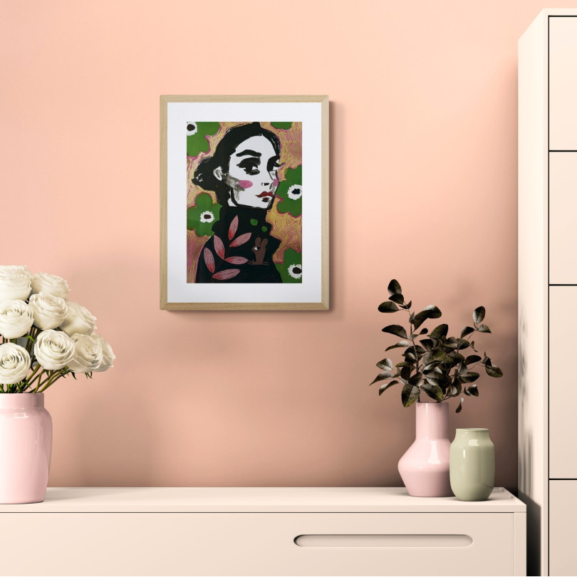 Retrato de un mujer joven sobre fondo con flores, dibujo original