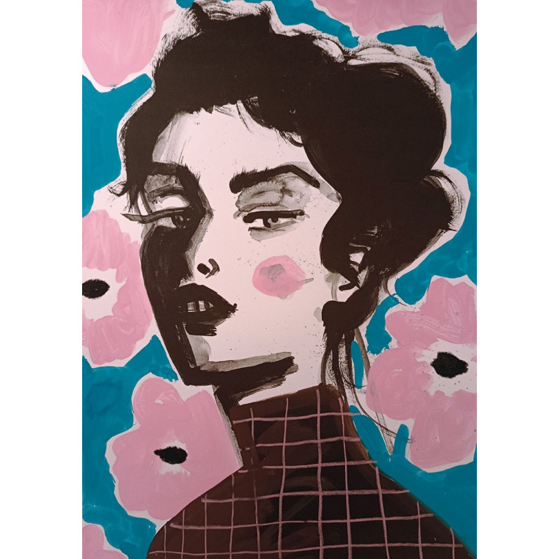 Portrait of young woman on flower background, original artwork