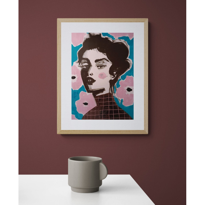 Portrait of young woman on flower background, original artwork